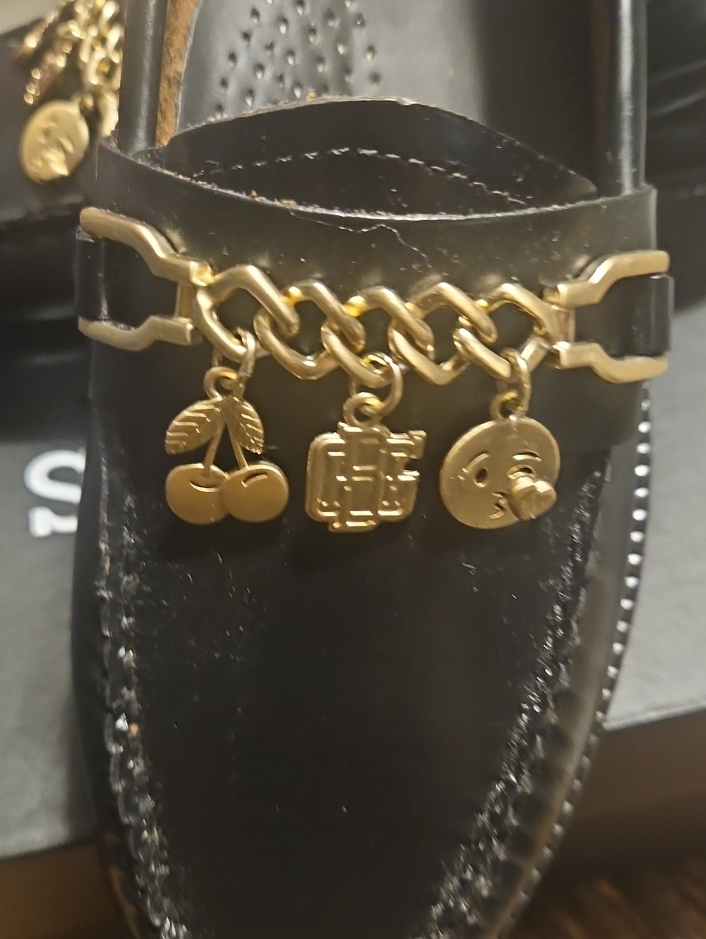 G.H. Bass & Co. Black Leather Loafers with Gold Charm Chain